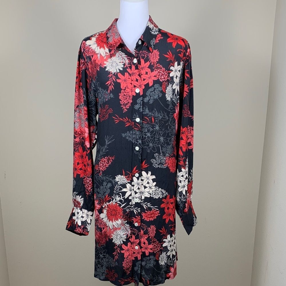 Karen Kane Black Floral Mini Shirt Dress with Red & Cream Blooms